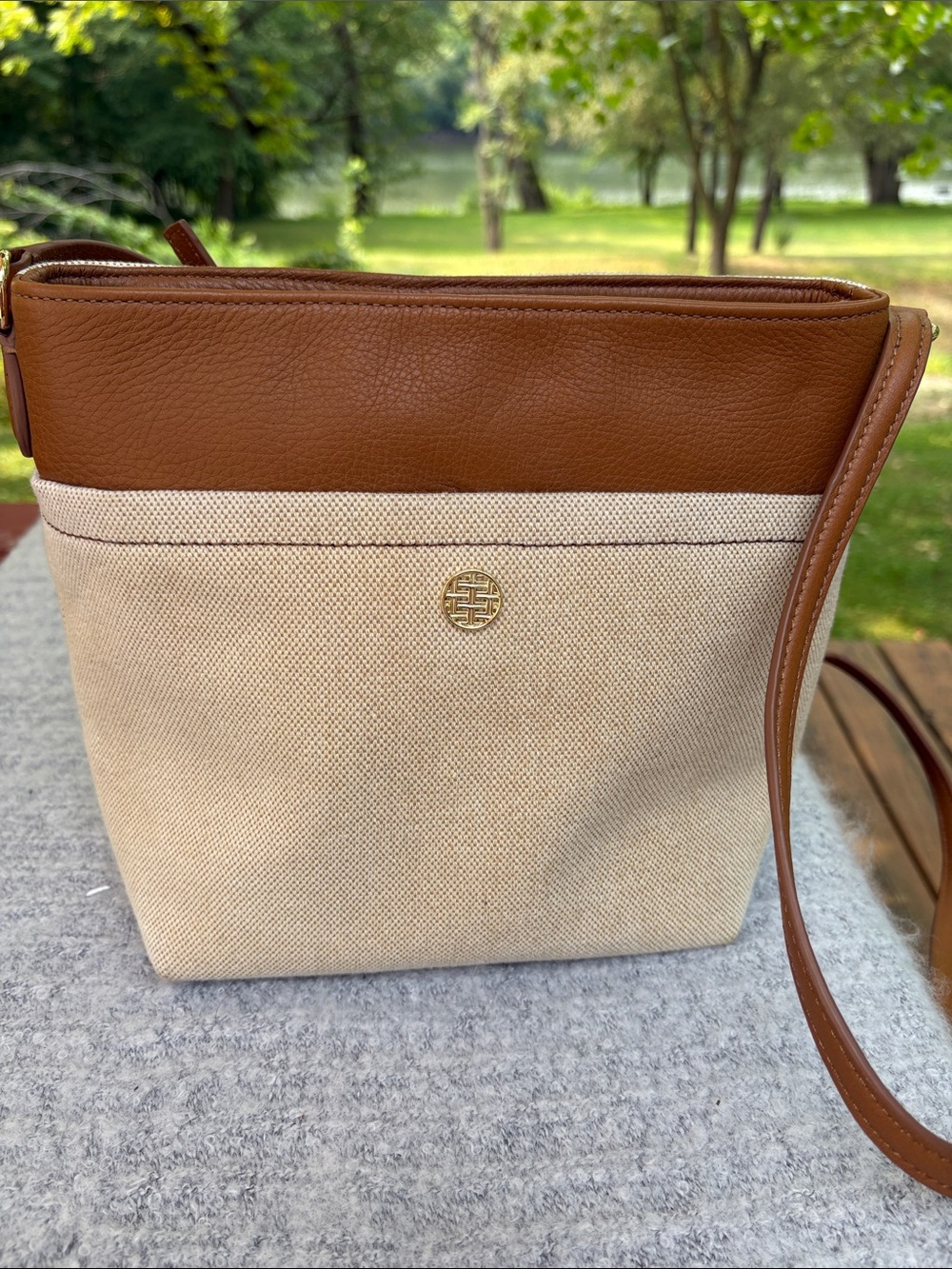 Talbots Cream Canvas and Tan Leather Crossbody